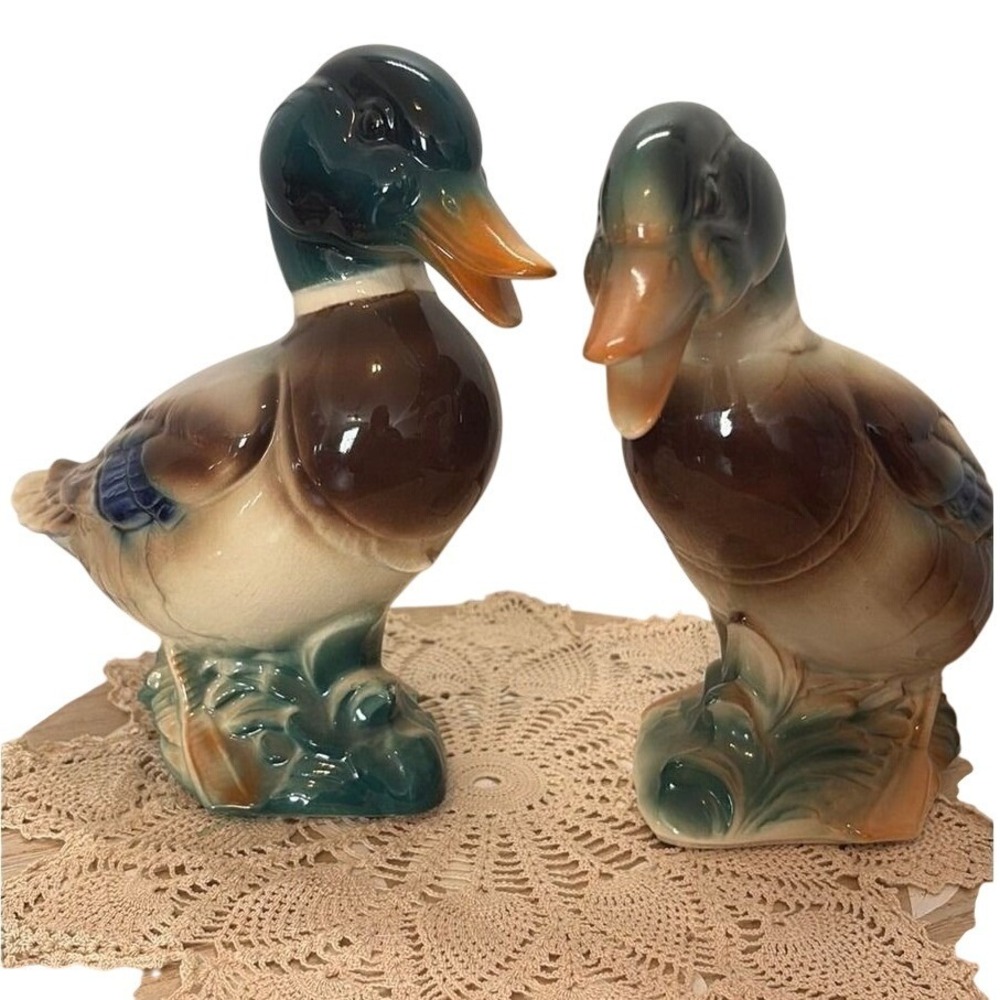 Royal Copley Mallard Duck Ceramic Figurines Pair Mid Century Art Pottery Vintage